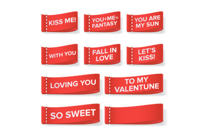 Valentine s Day Clothing labels Vector. Kiss Me, You Are My Sun, With You, Fall In Love, Let s Kiss, Loving You, So Sweet, To My Valentine. Isolated On White Illustration