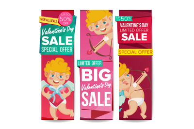 Valentine s Day Sale Banner Vector. February 14 Cupid. December Sale Banner. Website Stickers, Valentine Web Design. Up To 50 Percent Off Promotion Love Vertical Banners. Isolated Illustration