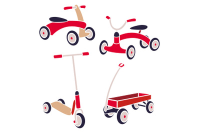 Vintage Kids Toys Bicycle, Kick Scooter, Red Wagon. Vector Collection