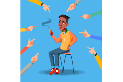 Victim Afro American Teen Vector. Depressed Person. Guilty, Ashamed. Hands Pointing Finger. Illustration