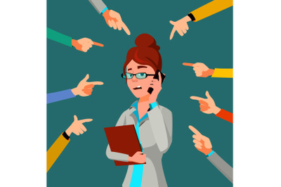 Victim Business Woman Vector. Public Censure. Scapegoat. Bullying Worker. Hands Pointing Finger. Illustration