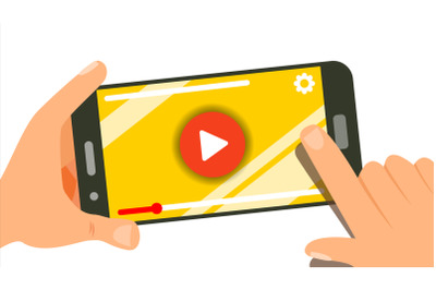 Watching Video On Smartphone Vector. Human Hands With Gadget. Menu Panel. Music, Movie. Finger Touch Screen. Isolated Flat Illustration