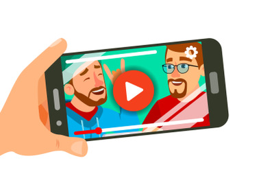 Watching Video On Smartphone Vector. Hand Holding Smartphone. Movie App Concept. Isolated Flat Illustration