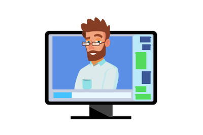 Online Video Conference Vector. Man And Chat. Director Communicates With Staff. Webinar. Business Meeting, Consultation, Seminar, Online Training Concept. Flat Cartoon Isolated Illustration