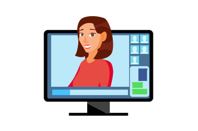 Video Meeting Online Vector. Man And Chat. Ceo And Employees. Business Meeting, Consultation, Conference Office, Seminar, Online Training Concept. Flat Cartoon Isolated Illustration