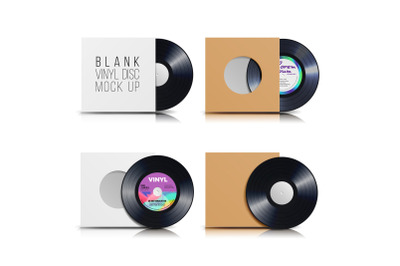 Vinyl Disc Set. Blank Isolated White Background. Realistic Empty Template Of A Music Record Plate With Classic Blank Cover Envelope. Rerto Mock Up Plate For DJ Scratch. Vector Illustration.