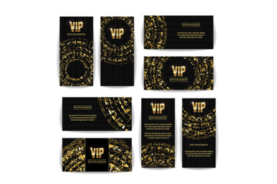 VIP Invitation Card Vector Set. Party Premium Blank Poster Flyer. Black Golden Design Template. Decorative Vector Background. Elegant Template Luxury Invitation.