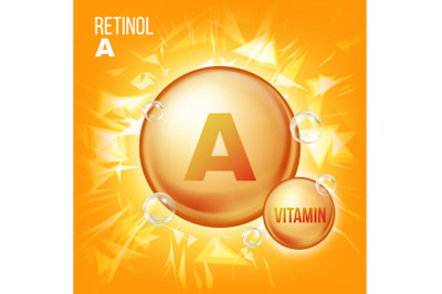 Vitamin A Retinol Vector. Vitamin Gold Oil Pill Icon. Organic Vitamin Gold Pill Icon. Capsule. For Beauty, Cosmetic, Heath Promo Ads Design. 3D Vitamin Complex With Chemical Formula. Illustration