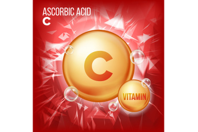 Vitamin C Ascorbic Acid Vector. Organic Vitamin Gold Pill Icon. Medicine Capsule, Golden Substance. For Beauty, Cosmetic, Heath Promo Ads Design. Vitamin Complex With Chemical Formula. Illustration