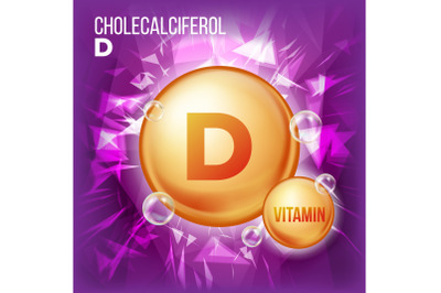 Vitamin D Cholecalciferol Vector. Vitamin Gold Oil Pill Icon. Organic Vitamin Gold Pill Icon. 3D Vitamin Complex With Chemical Formula. Illustration