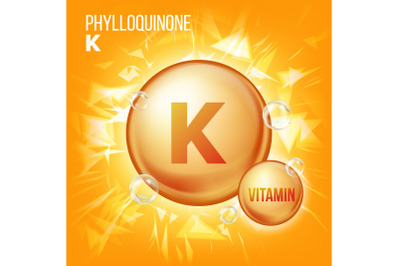 Vitamin K Phylloquinone Vector. Vitamin Gold Oil Pill Icon. Organic Vitamin Gold Pill Icon. For Beauty, Cosmetic, Heath Promo Ads Design. 3D Vitamin Complex With Chemical Formula. Illustration