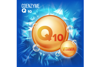 Vitamin Q10 Coenzyme Vector. Organic Vitamin Gold Pill Icon. Medicine Capsule, Golden Substance. For Beauty, Cosmetic, Heath Promo Ads Design. 3D Vitamin Complex With Chemical Formula. Illustration