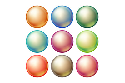 Round Glass Sphere Vector. Set Opaque Multicolored Spheres With Glares, Shadows. Isolated Realistic Illustration