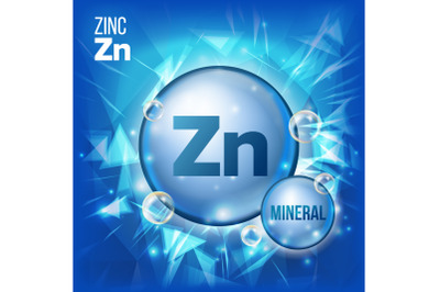 Zn Zinc Vector. Mineral Blue Pill Icon. Vitamin Capsule Pill Icon. Substance For Beauty, Cosmetic, Heath Promo Ads Design. 3D Mineral Complex With Chemical Formula. Illustration