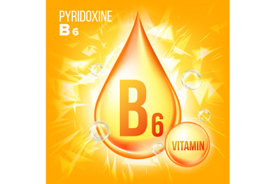 Vitamin B6 Pyridoxine Vector. Vitamin Gold Oil Drop Icon.Organic Gold Droplet Icon. For Beauty, Cosmetic, Heath Promo Ads Design. Drip 3D Complex With Chemical Formula. Illustration