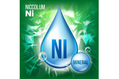 Ni Niccolum Vector. Mineral Blue Drop Icon. Vitamin Liquid Droplet Icon. Substance For Beauty, Cosmetic, Heath Promo Ads Design. 3D Mineral Complex With Chemical Formula. Illustration