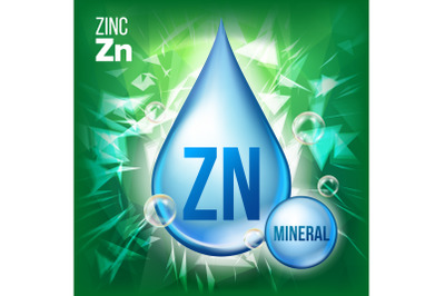 Zn Zinc Vector. Mineral Blue Drop Icon. Vitamin Liquid Droplet Icon. Substance For Beauty, Cosmetic, Heath Promo Ads Design. 3D Mineral Complex With Chemical Formula. Illustration