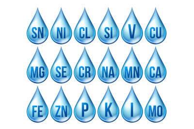 Mineral Icons Set Vector. Mineral Blue Drop Icon. Medicine Droplet. Substance. 3D Vitamin Complex With Chemical Formula. Liquid Isolated Illustration