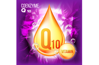 Vitamin Q10 Coenzyme Vector. Organic Vitamin Gold Drop Icon. Medicine Liquid, Golden Substance. For Beauty, Cosmetic, Heath Promo Ads Design. Drip 3D Complex With Chemical Formula. Illustration