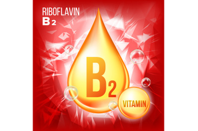 Vitamin B2 Riboflavin Vector. Vitamin Gold Oil Drop Icon. Gold Droplet Icon. Medicine Liquid. Beauty, Cosmetic, Heath Promo Ads Design. Drip 3D Complex, Chemical Formula. Illustration