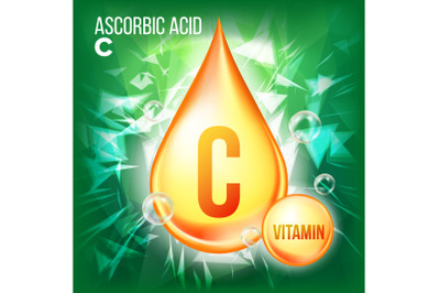 Vitamin C Ascorbic Acid Vector. Organic Vitamin Gold Drop Icon. Medicine Liquid, Golden Substance. For Beauty, Cosmetic, Heath Promo Ads Design. Drip Complex With Chemical Formula. Illustration