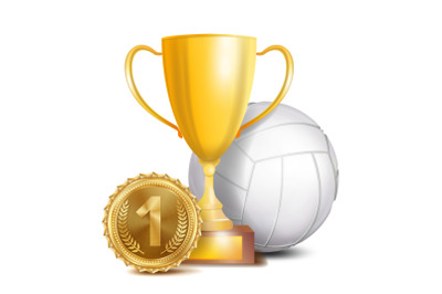 Volleyball Award Vector. Sport Banner Background. White Ball&2C; Gold Winner Trophy Cup&2C; Golden 1st Place Medal. 3D Realistic Isolated Illustration