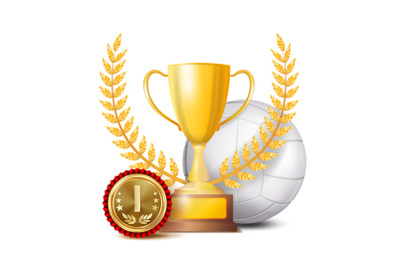 Volleyball Achievement Award Vector. Sport Banner Background. White Ball&2C; Winner Cup&2C; Golden 1st Place Medal. Realistic Isolated Illustration