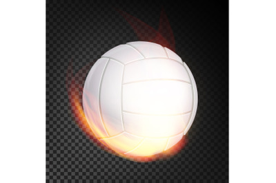 Volleyball Ball In Fire Vector Realistic. Burning Volley Ball. Transparent Background