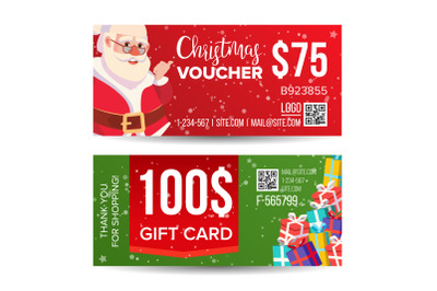 Christmas Voucher Design Vector. Horizontal Discount. Merry Christmas. Santa Claus And Gifts. Winter Advertisement. Marketing Illustration