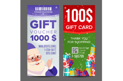 Voucher Coupon Template Vector. Vertical Leaflet Offer. Merry Christmas. Happy New Year. Santa Claus And Gifts. Promotion Advertisement. Free Gift Illustration