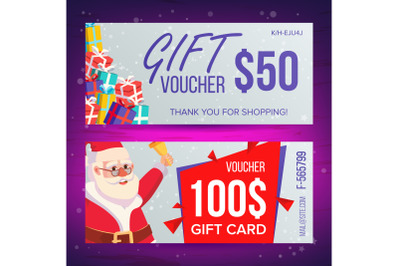 Christmas Voucher Template Vector. Horizontal Card. Happy New Year. Santa Claus And Gifts. Holidays Advertisement. Gift Certificate Illustration