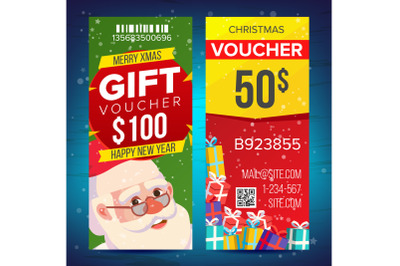 Christmas Voucher Template Vector. Vertical Card. Happy New Year. Santa Claus And Gifts. Holidays Advertisement. Gift Certificate Illustration