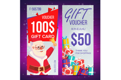 Christmas Voucher Vector. Vertical Banner. Merry Christmas. Santa Claus And Gifts. End Of The Year Advertisement. Cute Gift Illustration