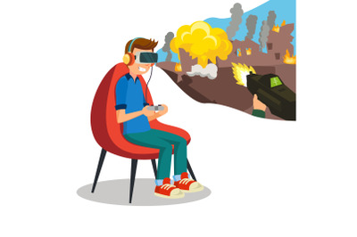 Augmented Reality Game Vector. Young Boy With Headset Playing Virtual Reality Simulation Game. Isolated Flat Cartoon Character Illustration