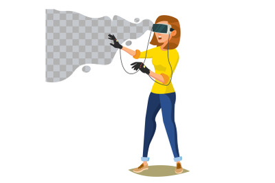 3d Reality Simulation Vector. Having A Good Time With Wearing Virtual Reality Device. Enjoying VR Device. New Virtual Technologies. Cartoon Character Illustration