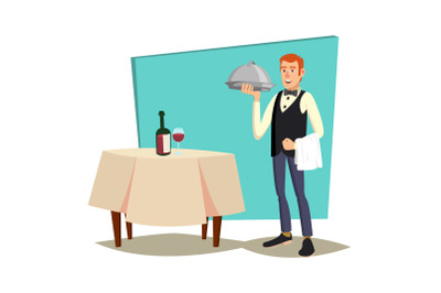 Waiter Serving Vector. Modern Waiter Reserved Table In Cafe, Restaurant. Flat Cartoon Illustration