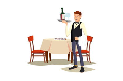 Waiter In Cafe Vector. Professional Waiter. Dinner Date. Food, Drink Concept. Isolated On White Cartoon Character Illustration