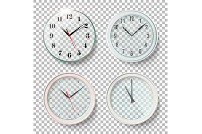 Realistic Wall Clocks Set Vector Illustration. Transparent Face. One Clock For Every Hour. Black Hands. Ready To Apply. Graphic Element For Documents, Templates, Posters, Flyers.