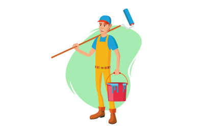 Male House Painter Vector. Classic Paintbrush. Paint Concept Of House Renovation. Cartoon Character Illustration