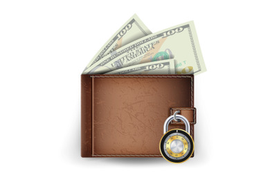 Leather Wallet Vector. Locked With Combination Lock. Modern Finance Secure Concept. Isolated Illustration