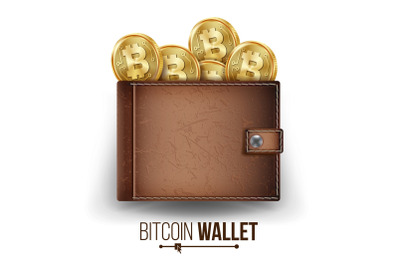 Full Bitcoin Wallet Vector. Brown Color. Bitcoin Gold Coins. Top View. Financial Concept. Money Front Side. Technology Worldwide Network Concept. Isolated On White Background Illustration