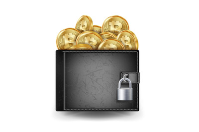 Bitcoin Full Wallet Vector. Black Color. Cryptography Finance Coin Sign. Physical Bit Coin. Locked With Padlock. Money Secure Concept. Bitcoin Gold Coins. Isolated Illustration