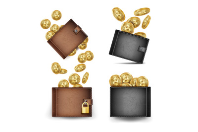 Bitcoin Wallet Set Vector. Bitcoin Gold Coins. Realistic 3d Brown And Black Bitcoin Wallet. Money Front Side. Technology Worldwide Network Concept. Locked With Padlock. Modern Finance Secure Concept