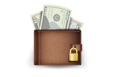 Realistic Classic Brown Wallet Vector. Locked With Padlock. Money. Top View. Finance Secure Concept. Isolated On White Background Illustration