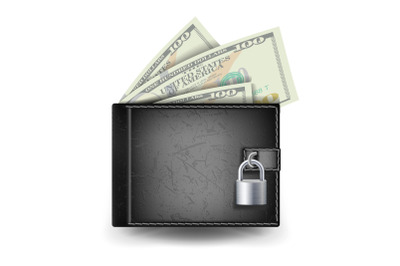 Full Wallet Vector. Black Color. Locked With Padlock. Money Secure Concept. Classic Modern Leather Wallet. Dollar Banknotes. Isolated Illustration