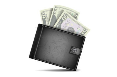 Full Wallet Vector. Black Color. Classic Modern Leather Wallet. Dollar Banknotes. Isolated Illustration