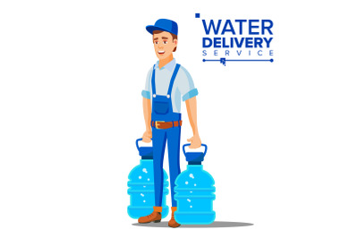 Water Delivery Service Man Vector. Worker In Blue Uniform. Purification. Isolated Flat Cartoon Illustration