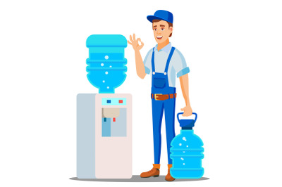 Water Delivery Service Man Vector. Drinking Clean Water. Bottled Water Shipment Worker. Isolated Flat Cartoon Illustration