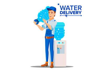 Water Delivery Service Man Vector. Delivering Clear Health Water Bottle In Home, Office. Isolated Flat Cartoon Illustration