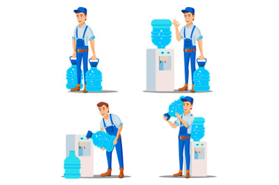 Water Delivery Service Man Set Vector. Treatment. Office Drink In Plastic Bottles. Water Cooler Rental. Supply, Shipping. Isolated Flat Cartoon Illustration